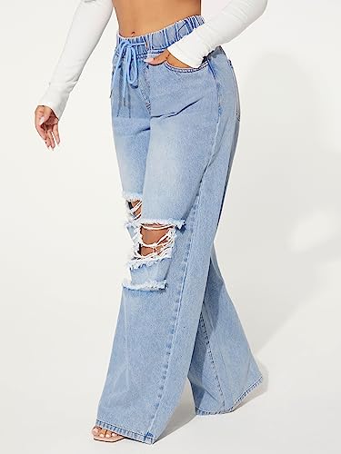 Floerns Women's Casual Drawstring Waist Jeans Distressed Ripped Denim Pants3