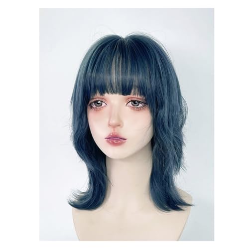 Perruque bleue frange contre cheveux plats coupe mulet ondulée volume - 2