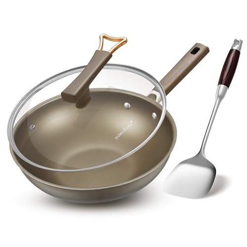 Image of SUMEIGUAN 13 Inch Titanium Wok Pan with Lid, Non Stick Frying Pan, Woks & Stir-Fry Pans Nonstick, Flat Bottom Stainless Steel Wok, Titanium Pans Ideal for Induction Stovetop Cooking PFOA&PFAS Free