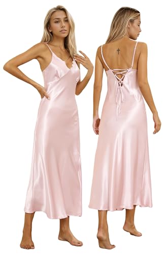 Image of ALCEA ROSEA Women Silk Satin Nightgown Sexy Lace Chemise Lingerie Long Sleepdress for Ladies Sleepwear Slip Negligee