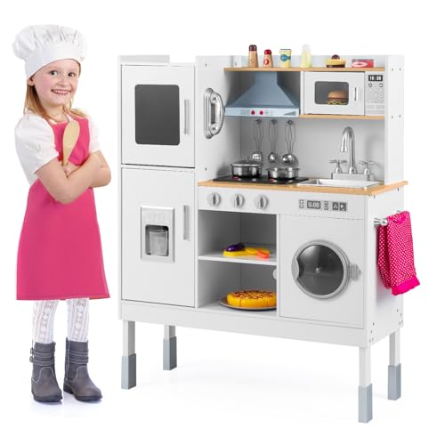 COSTWAY Cocina Juguete para Niños, Cocinita Infantil con 3 Alturas Ajustables, Máquina de Hielo y Teléfono, 16 Accesorios, Sonidos y Luces, Cocina de Chef de Madera para Niños de 3+ Años (Natural)