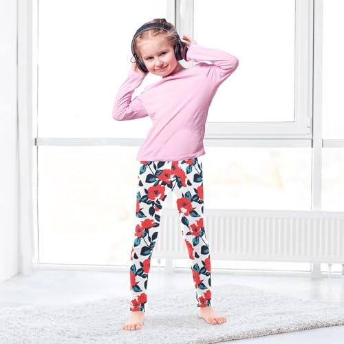 KLL Floral Pattern Red Roses Girls Cotton Leggings Casual High Waisted Dance Pants Running4