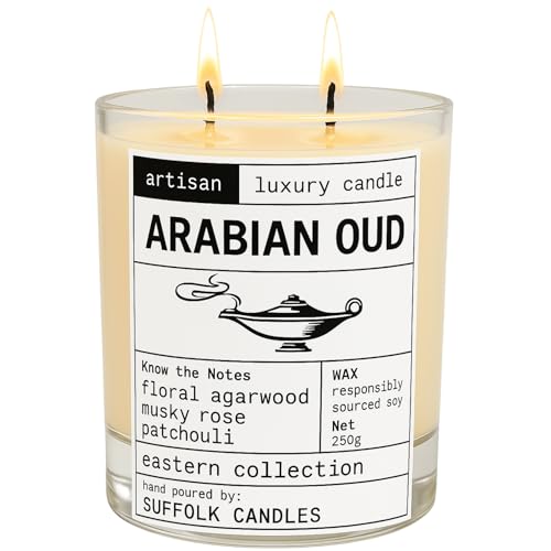 Arabian Oud, Oud, Agarwood, Musky Rose & Patchouli Scented Luxury Candle, 50 Hour Burn Time, Double Wick, Suffolk Candles