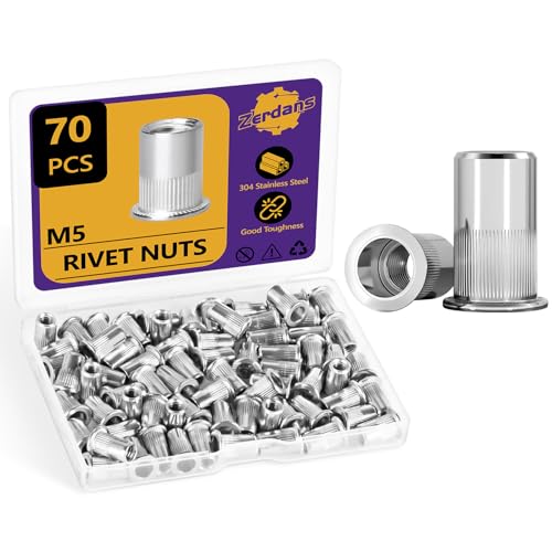 70 Stück M5 Blindnietmuttern aus Edelstahl, Flachkopf-Gewindeeinsätze, robuste Senkkopf-Nietmuttern für Metall- und Kunststoffplatten