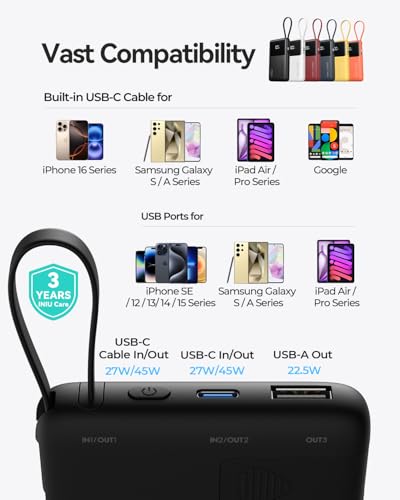 Image of INIU 10000mAh Power Bank, Small 45W PD Fast Charging Portable Charger with Built-in USB C Cable, Flight-Safe Travel External Phone Battery Pack for iPhone 17 Pro Max Samsung S26 iPad etc, White