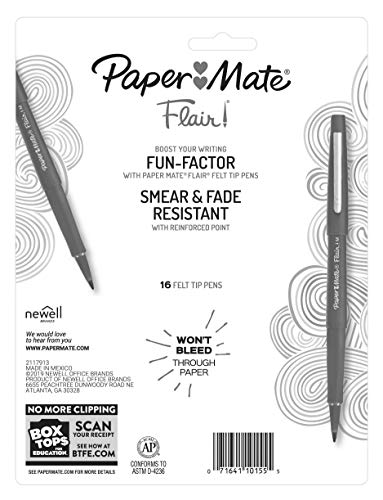 Paper Mate Flair Felt Tip Pens, Medium Point (0.7Mm), Assorted Colors, 16 Count #TOP6