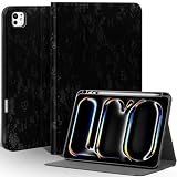 Une Diffe Leather Case for iPad Pro 11 Inch (M5/M4) 2025/2024, Full Grain Leather,Protective Smart Folio Cover with Pencil Holder, Auto Sleep/Wake,Anti Slip, Black Silver