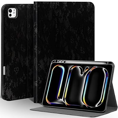 Une Diffe Leather Case for iPad Pro 11 Inch (M5/M4) 2025/2024, Full Grain Leather,Protective Smart Folio Cover with Pencil Holder, Auto Sleep/Wake,Anti Slip, Black Silver