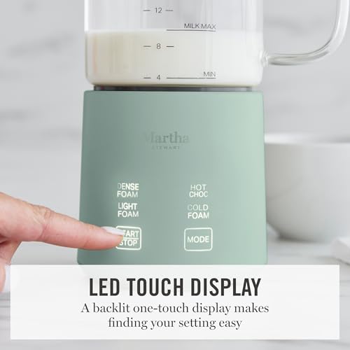 Image of Martha Stewart Milk Frother and Steamer, 10oz /300ml Glass Cup, 4 Presets (Cold Foam, Light, Dense & Hot Chocolate), Ready in 90 Seconds, Cordless Pouring, One-Touch for Hot and Cold Milk, Honeydew