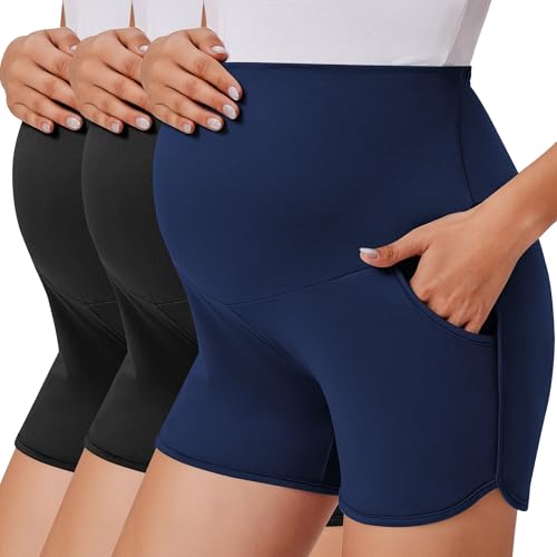 Ekouaer 3 Pack Maternity Shorts Over The Belly with Pockets Summer Workout Pregnancy Shorts Stretchy Lounge Pajama Black/Black/Navy Blue S