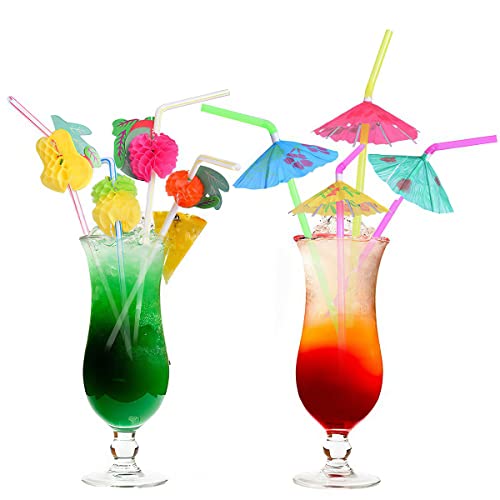 100 Pcs Disposable Party Straws (50 Fruit + 50 Umbrella Straws)
