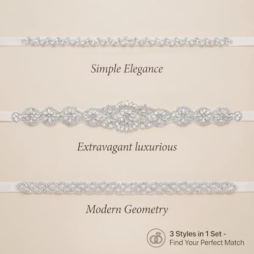 Image of Hiceeden 3 Pieces Rhinestone Bridal Belt, Silver Crystal Bridal Sash with White Ribbon Wedding Dresses Belt for Women, Bride, Bridesmaids, Gown, Party, Prom