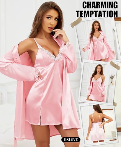 Image of RSLOVE Women's Satin Sleepwear Set - 2 Piece Lace Cami Nightgown and Long Sleeve Robe Sexy Silk Pajamas Lingerie for Women