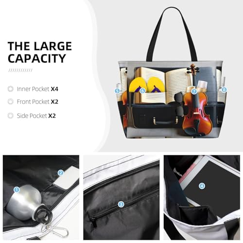 Violin And Book Large Beach Tote Bag Women Beach Tote Bag For Pool Gym Grocery Travel With Multiple Pocket3