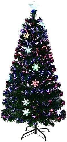 GYMAX 4FT/5FT/6FT/7FT Fiber Optic Christmas Tree, Green Artificial Xmas Tree with Flashing Top Star and Snowflake, Holiday Decoration (5 FT)