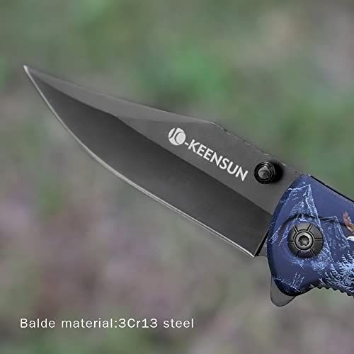 KEENSUN Pocket Folding Knife –Tactical Knife, Hunting Knife, Flipper Knife,EDC Knife.Speed Safe Spring Assisted Opening Knifes with Liner Lock,Thumb stud and Pocketclip.Good for Camping, Hiking, Indoor and Outdoor Activities,Native american & wolf 3D Printing patterns.