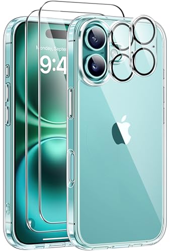 Guisessy 5 en 1 Funda para iPhone 16 con 2 Protector de Pantalla y 2 Protector Lente Cámara, Protección Militar PC Resistente Anti Amarillo Antigolpes Antiarañazos Phone Carcasa, Transparente