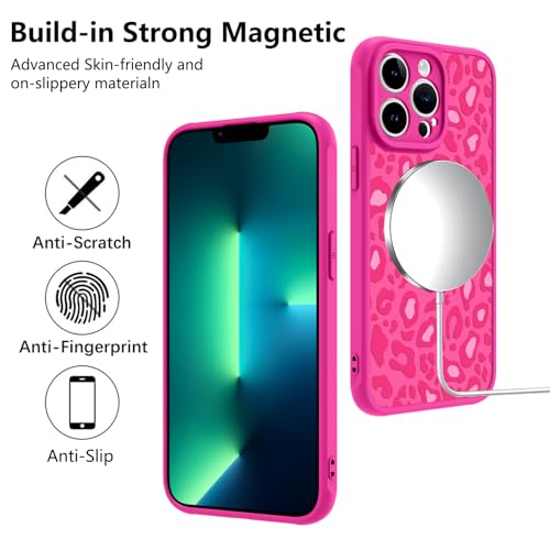 Image of KANGHAR Case for iPhone 13 Pro Max Hot Pink Leopard Printed Pattern | Cute Cheetah [Compatible with Magsafe] Protective Magnetic Case for Girls Women 6.7 inch