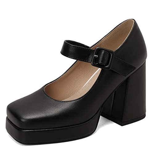 Women's Block Heel Square Toe Pumps Buckle Platform Heels Pumps