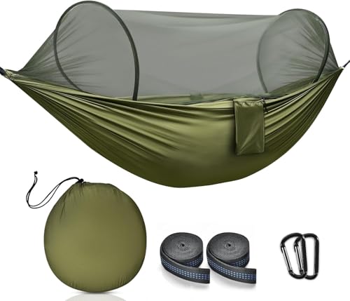 OTraki Camping-Hängematte mit Moskitonetz, 289,6 x 137,2 cm, leicht, tragbar, Doppel-Hängematte mit Gurten, 200 kg Tragkraft, Pop-Up-Nylon-Hängematte für Reisen, Outdoor, Wandern, Rucksackreisen,