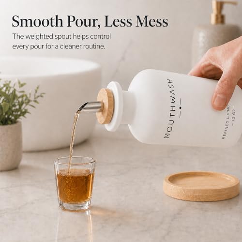 Image of Mouthwash Dispenser for Bathroom, 12 OZ Refillable Glass Mouthwash Bottle with Cup and Bamboo Tray, Decorative Mouth Wash Dispenser Set for Bathroom (White)