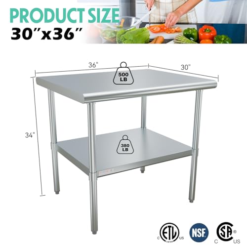Image of STABLEINK NSF Stainless Steel Table 36x30 Inches, Metal Prep & Work Table with Adjustable Undershelf, for Commercial Kitchen, Restaurant, Hotel, Laundry and Garage