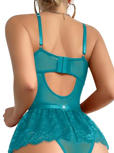 Image of Lilosy Sexy Lingerie Set 3 Piece Women Corset Bodysuit Skirt | Rhinestone Heart Stocking Garter Plus Size Underwire Mesh Sheer Lace Push Up Babydoll Halloween Christmas Valentine's Bridal