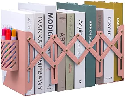 Expandable Metal Bookends, MSDADA Adjustable Book Ends Heavy Duty Book Holder with Detachable Pen Container, Non-Skid Desk Organizer for Kids Student Home Office School Bookshelf Book Storage(Green)