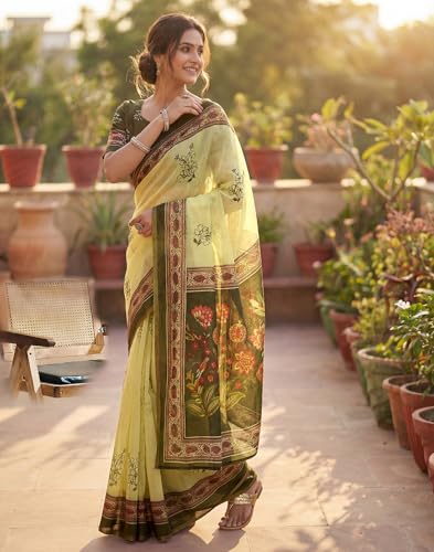 Image of SIRIL Women's Printed Cotton Linen One Minute Ready to Wear Saree With Unstitched Blouse Piece