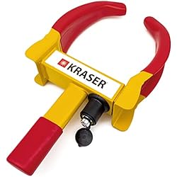 Candados De Seguridad Para Autos KRASER WA820 Antirrobo Coche Cepo Rueda, Acero Reforzado, Cerradura Antitaladro. Proteccion PVC, Candado Inmobilizador Unversal Ajustable Auto Remolque Caravana, Amarillo y Rojo