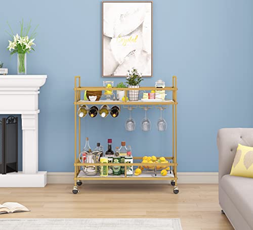 Oiog Gold Bar Cart With Wine Rack And Glass Holder, 2-Tier Home Bar Serving Cart With Marble Shelves, Modern Wine Cart For Kitchen And Dining Room #TOP4