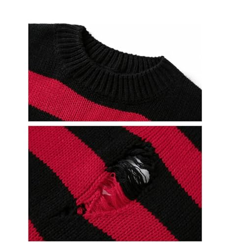 Mens Striped Pullover Sweaters Fashion Long Sleeve O-Neck Loose Hollow Out Hole Broken Knit Sweater4