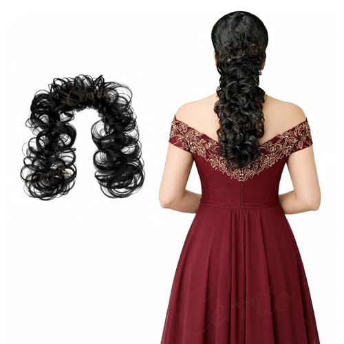 Image of Cerrito Frill Hair Extensions for Women | Premium Curly Braid Ponytail Accessory | Messy Hair Frill for Juda, Ponytails, Buns & Updos | Volume Enhancer | Easy Clip-In Wig-Like Attachment, Natural Black (Small)