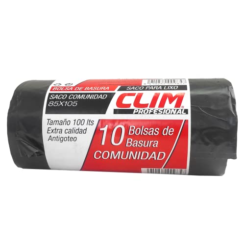 Clim Profesional Rollo 10 Bolsas Basura Resistentes 100 Litros. Sacos de Bolsas de Comunidad 850x1050 mm. Negro