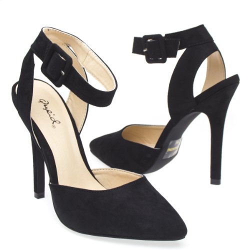 Qupid Womens POTION62 Pointy Toe Slingback Adjustable Ankle Strap High Heel Stiletto Pump Sandal Shoes, Black Faux Suede, 9 B (M) US