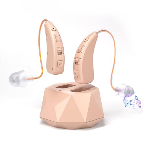 HIBRIQ Equipo de sonido recargable, caja de carga detrás de la oreja, 40 horas, reducción de ruido, 2 modos, volumen ajustable