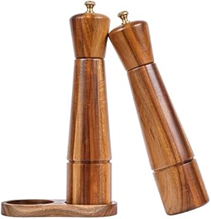 DeroTeno Salt and Pepper Mill Set with Tray, Adjustable Ceramic Grinder Salt Mill, Stainless Steel Grinder Pepper Mill, Acacia Wood, 27 cm Height, Bottom Dia 6 cm (Tray is Included)