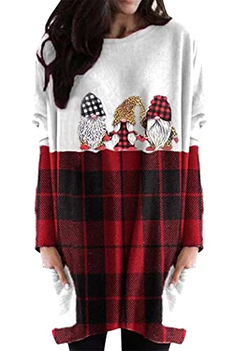 OMZIN Hässliche Weihnachtspullover Kleider für Frauen Xmas Sweatshirt mit Taschen Lange Tunika Tops für Leggings Pullover Pullover Bunt 3XL