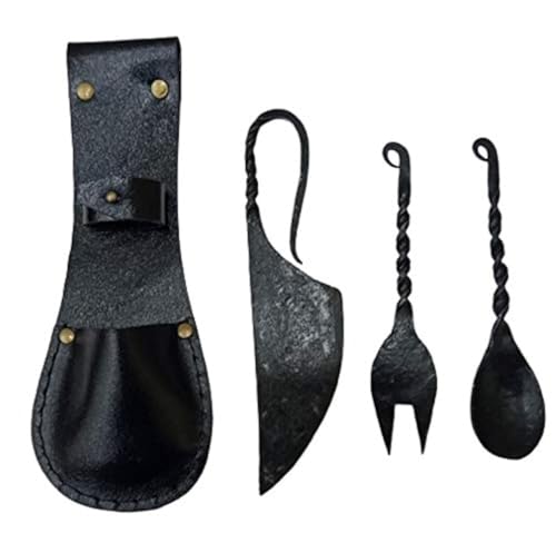 中世のごちそうセット 3ピース カトラリーナイフ フォーク スプーン レザーケース付き 装飾 素朴 ヴィンテージ ホームデコレーション ギフトのサムネイル