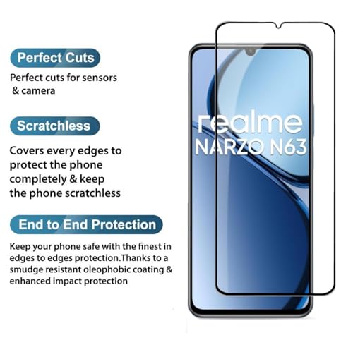 Image of SENBUN Tempered Glass Screen Protector Compatible for Realme Narzo N53, Narzo C53, N63 with Edge to Edge Coverage and Easy Installation Kit, Pack of 1, Black