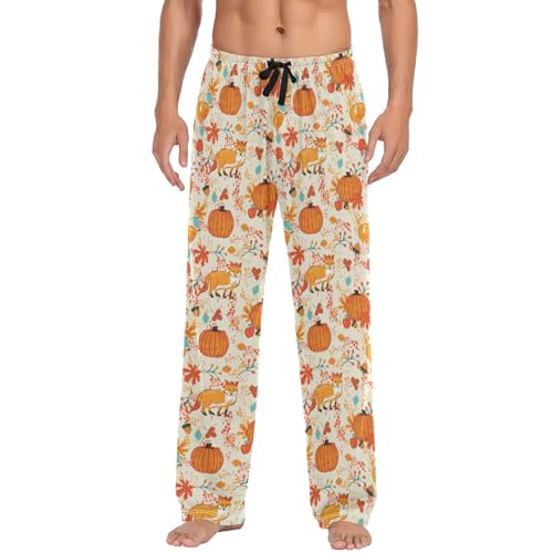 Autumn Pumpkin Acorn Fox Mens Pajama Pants Fall Maple Leaves Berry Lounge Bottoms Soft Sleep Pants L