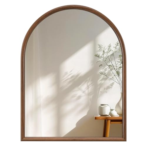 Image of 28 inchx36 inch Arch Wall Mirror for Wall, Wall Mounted Vanity Mirror for Bedroom, Wood Grain Finish Frame Mirror with Tempered Glass, Vintage Decorative for Bathroom, Entryway, Living Room, Walnut