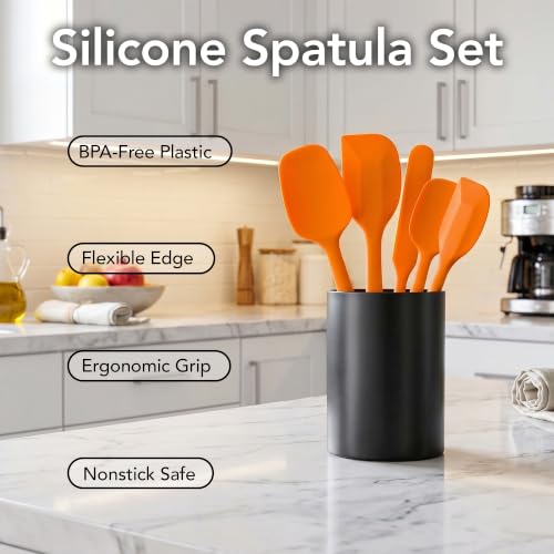 Image of OVENTE Silicone Spatula Set of 5, Heat Resistant, Orange SP12305O | Food Grade Rubber Spatula, BPA-Free and Dishwasher Safe, Nonstick Kitchen Utensils for Baking, Cooking and Mixing