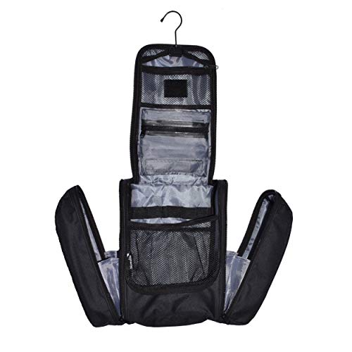 Trousse de toilette femme à suspendre par Nomalite | Vanity case XL de voyage, souple et noir avec compartiment détachable pour l’avion, le train, le bus. Idéal pour la toilette, maquillage, pharmacie