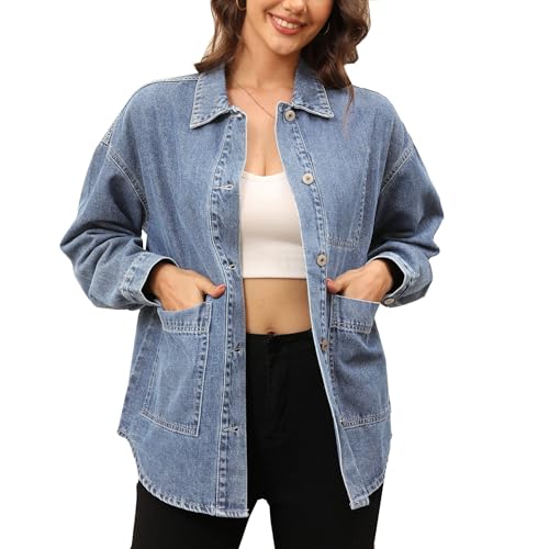 Women's Denim Jacket Oversize Long Sleeve Button Down Shirt Boyfriend Jeans Shacket Jacket Coat with Pocket