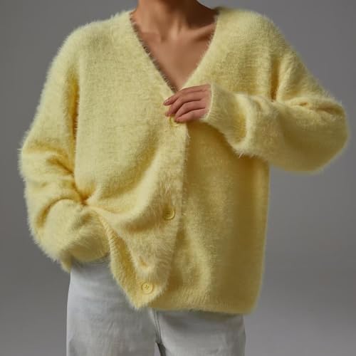 Image of chouyatou Women Furry Open Front Cardigan V-Neck Loose Casual Fluffy Knit Button Down Sweater Coat