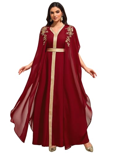 Muslim Abaya Dress for Women - Elegant Embroidered Kaftan, Hijab-Friendly Modest Maxi Dress for Eid, Ramadan, Weddings & Daily Wear(Burgundy, M)