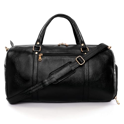 Image of HYATT Leather Accessories Weekender Travel Duffle Bag with Separate Shoe /Laundry Compartment for Men & Women Made of Natural Dry-Milled Leather (Black)