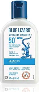 BLUE LIZARD Sensitive Mineral Sunscreen with Zinc Oxide, SPF 50+, Water Resistant, UVA/UVB Protection with Smart Bottle Technology - Fragrance Free, 5 oz
