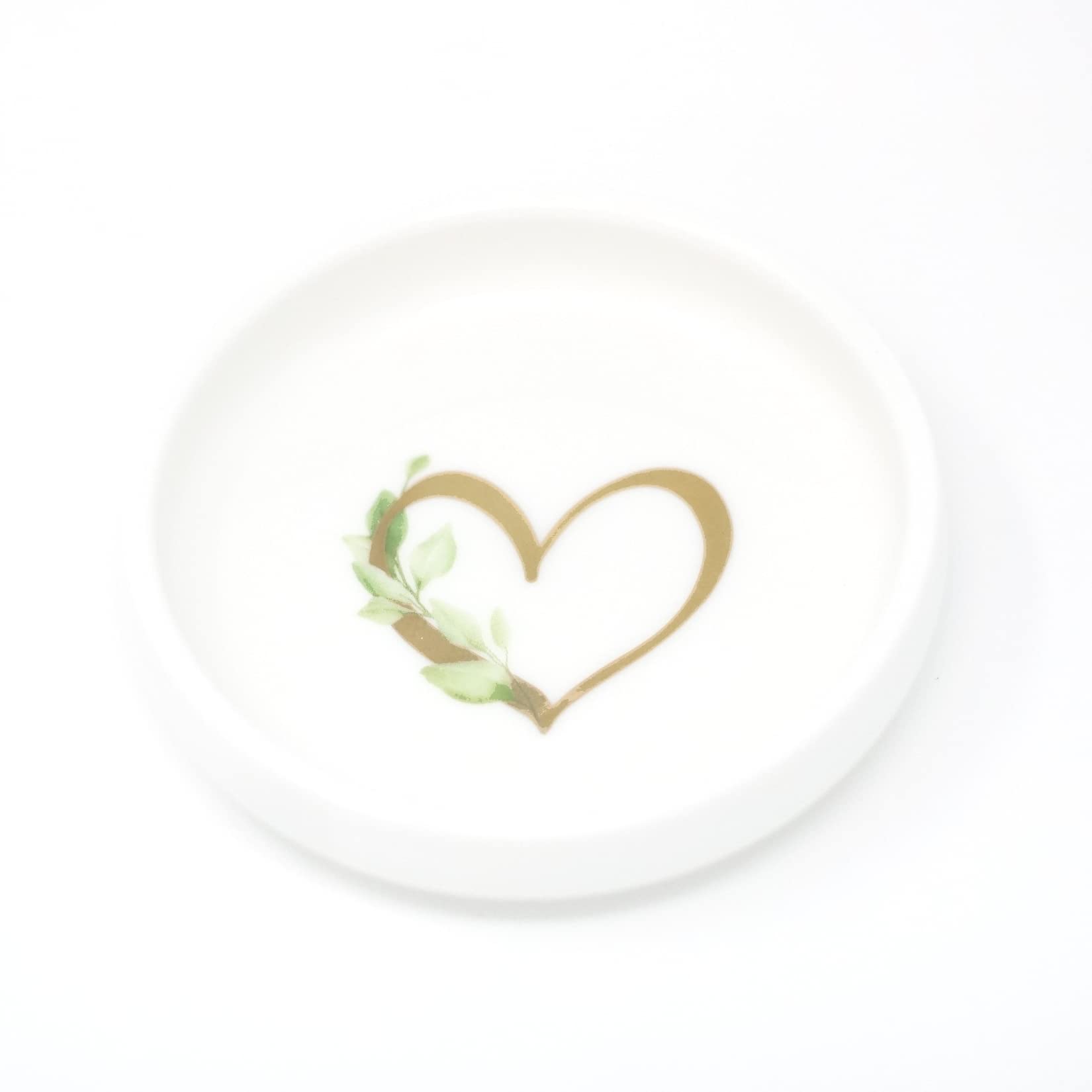 Initial Dish in Gold Foil with Greenery - White Ceramic Tray- Jewelry Trinket Ring Candy Nesting Circle Round Bowl - Favor Decorative Decor - Mom Bridesmaid Friend - Cedar & Ink (1 Heart)